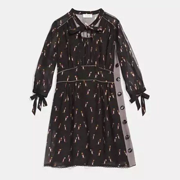 New Coach 1941 Penguin Print Tie Neck Knee Length Black Dress NWT Size 6 US - Picture 10 of 14